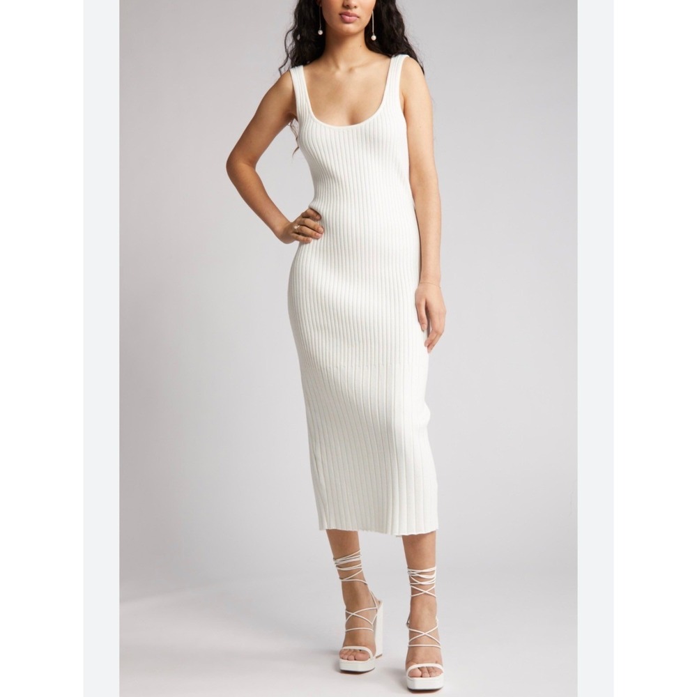 White Ribbed Knit Maternity Maxi Dress Sleeveless Scoop Neck Bodycon Tank Dress - Picture 6 of 12